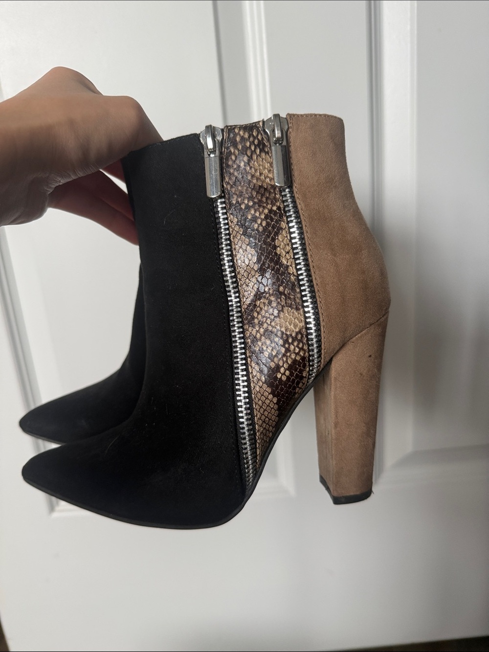 JustFab Black and Tan Suede Ankle Boots with Snake-Print Panel